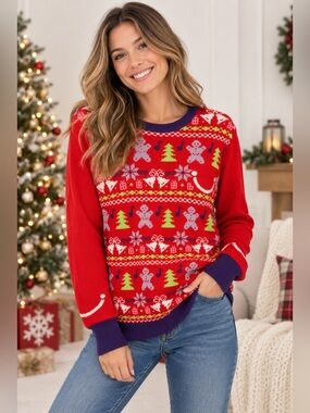 Bubly Ugly Christmas Sweater Holiday Gingerbread Red Purple Size M